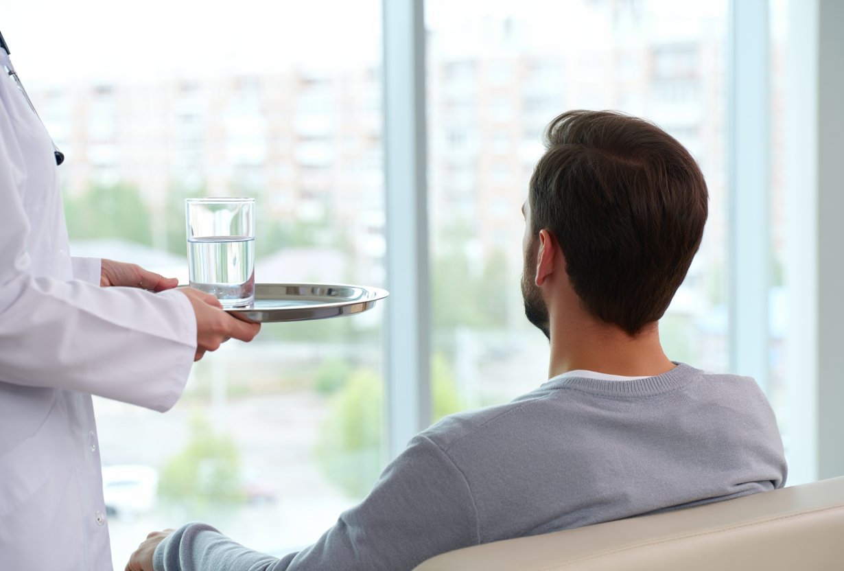 Врач стоит с стаканом воды у пациента